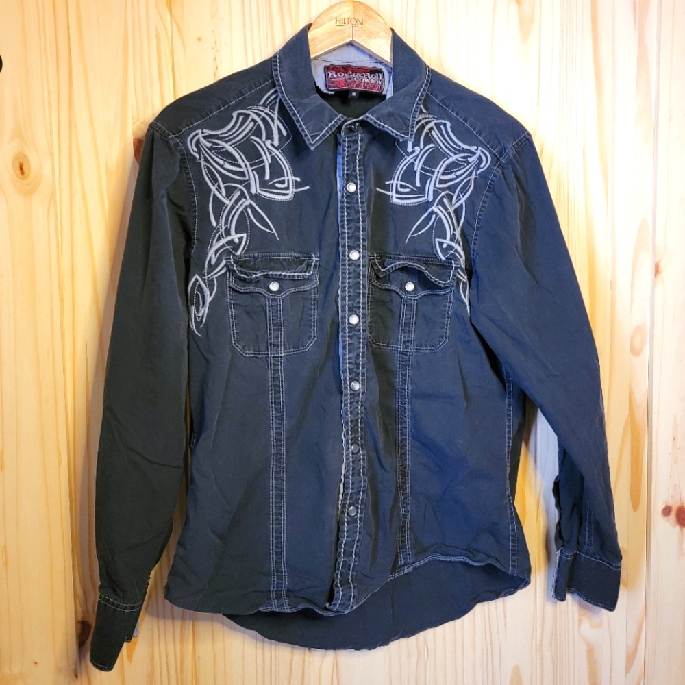 Rock & Roll Cowboy Black Button Down Men's Medium Snap Button